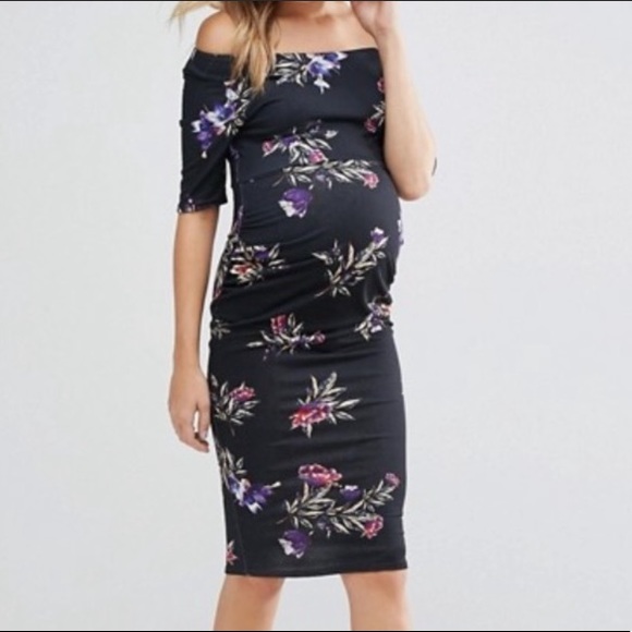 NWT Maternity Black Floral Bardot Midi Dress - Picture 1 of 11